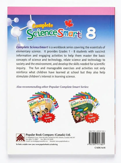Back cover of a 'Complete ScienceSmart' workbook with text and branding.
