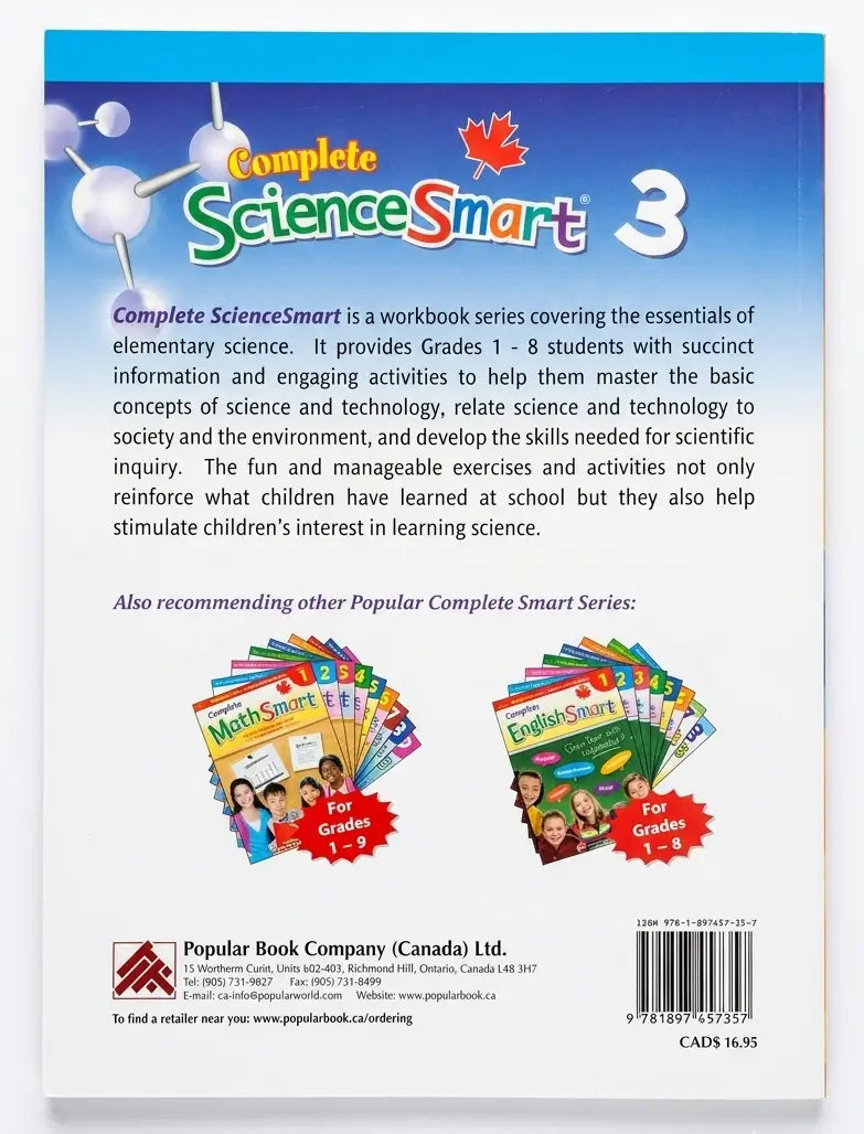 Back cover of a 'Complete ScienceSmart' workbook series with text and branding.