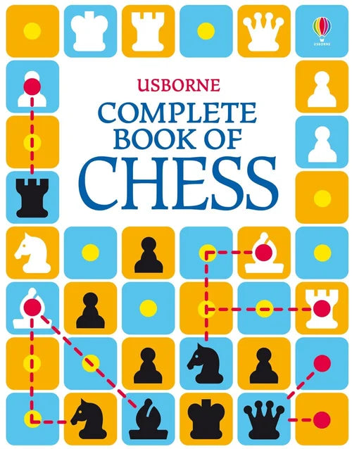 Cover of 'Usborne Complete Book of Chess' with chess piece illustrations and Usborne logo.