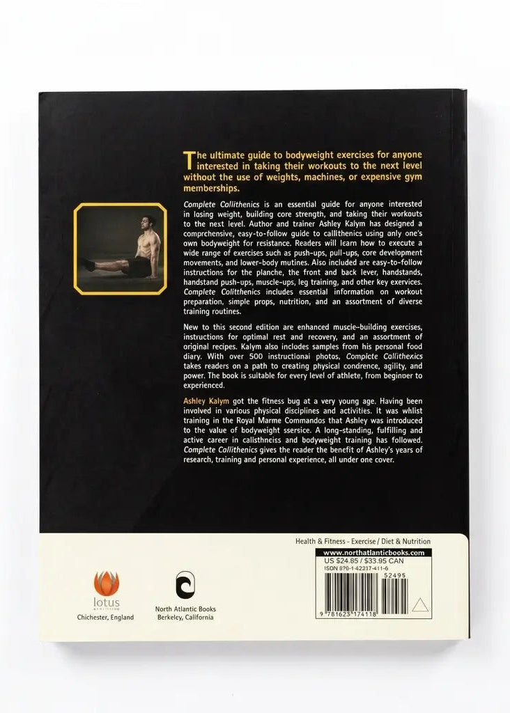 The back cover of a book titled 'Complete Calisthenics' by Aubrey Kirby, displayed against a clean white background. The cover is predominantly black with a beige bottom section containing a barcode, publisher logos, and a small inset photo.
