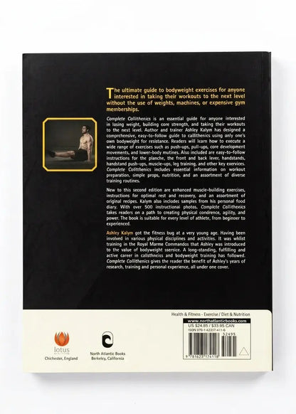 The back cover of a book titled 'Complete Calisthenics' by Aubrey Kirby, displayed against a clean white background. The cover is predominantly black with a beige bottom section containing a barcode, publisher logos, and a small inset photo.