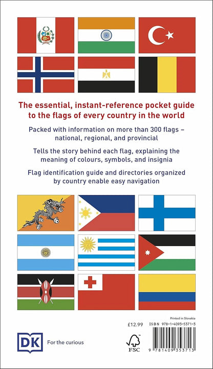 Back cover of a book featuring international flags and DK branding.