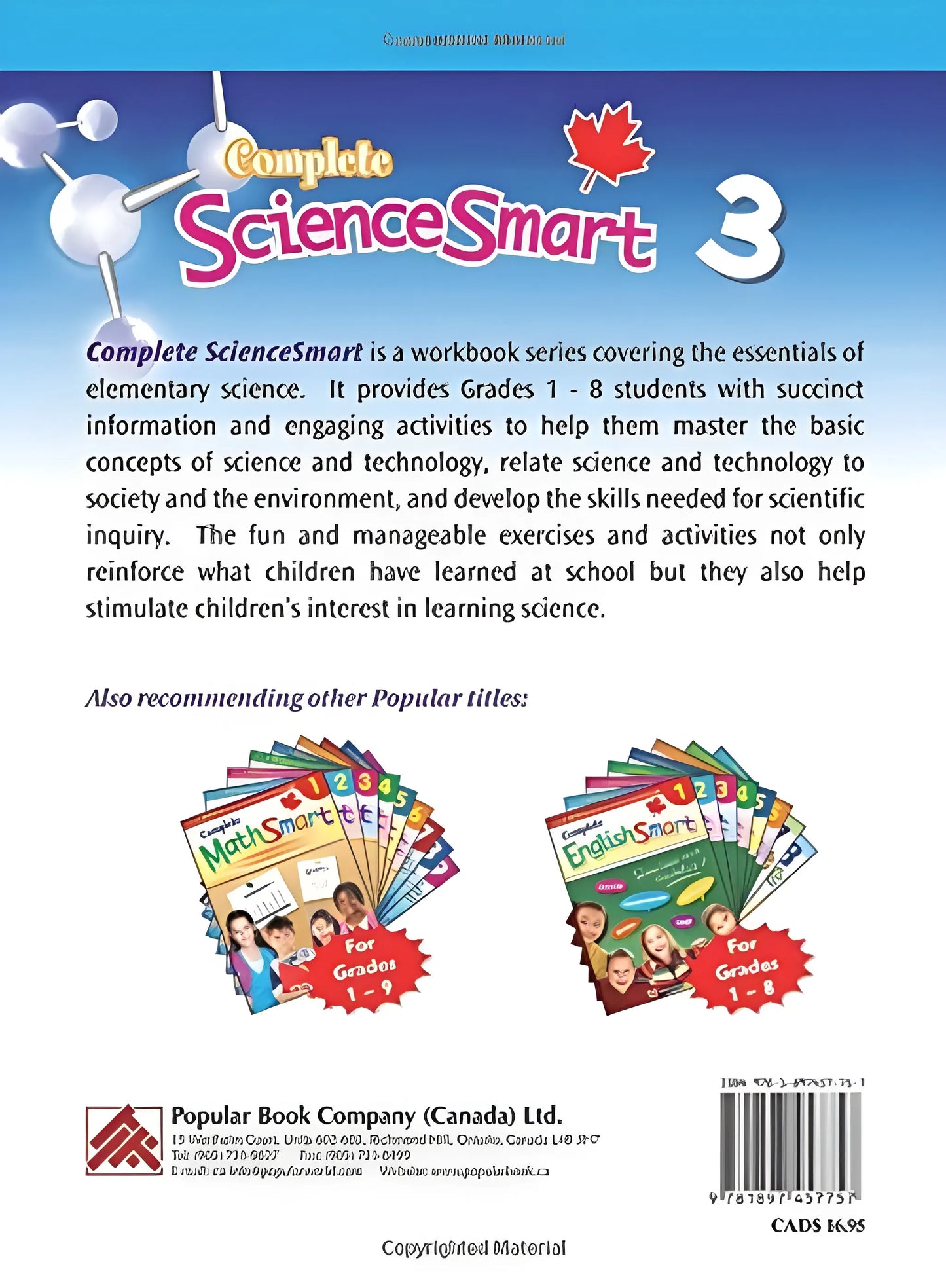 Back cover of a science workbook series with text and images of other books.