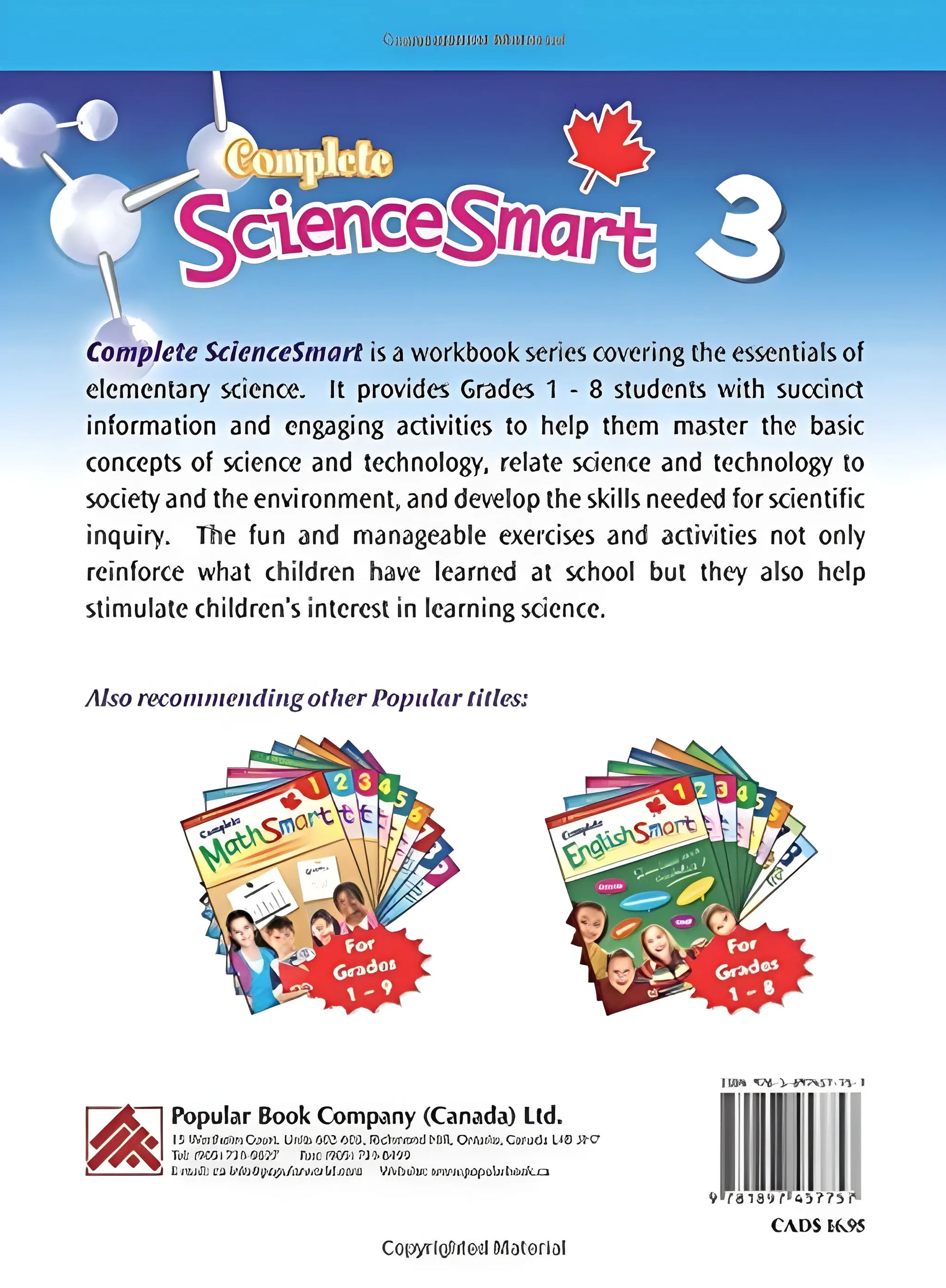 Back cover of a science workbook series with text and images of other books.