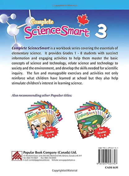 Back cover of a science workbook series with text and images of other books.