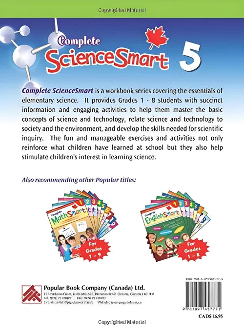 Back cover of a science workbook series for Grade 5 with educational content and branding details.