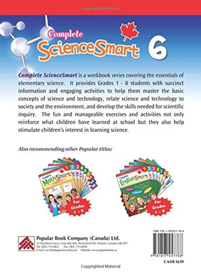 Back cover of a 'Complete ScienceSmart' workbook for Grade 6 with educational content and branding details.