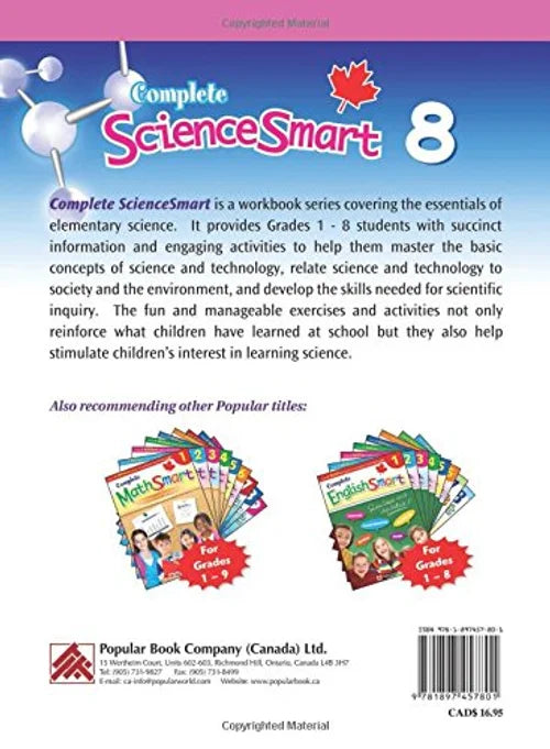 Back cover of a 'Complete ScienceSmart' workbook for Grade 8 with educational content and branding details.