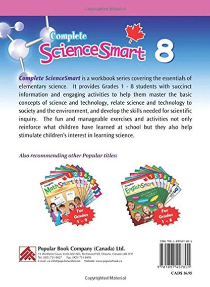 Back cover of a 'Complete ScienceSmart' workbook for Grade 8 with educational content and branding details.