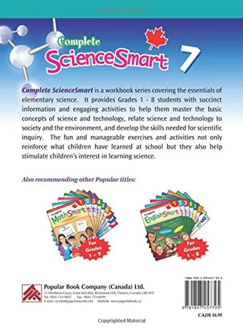 Back cover of a 'Complete ScienceSmart' workbook series for Grade 7 with educational content and branding details.