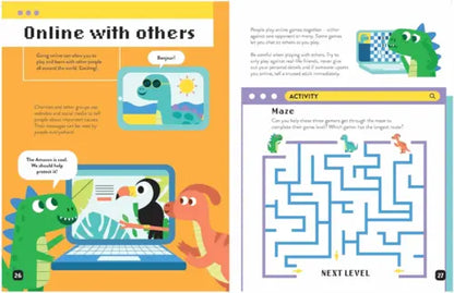 Page from a book with a maze activity and illustrations of animals on a computer screen.