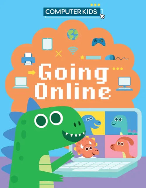 Book cover for 'Going Online' by Computer Kids with a dinosaur and laptop illustration.