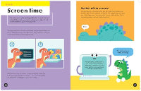 Illustrated pages from a book about screen time with cartoon characters and text.