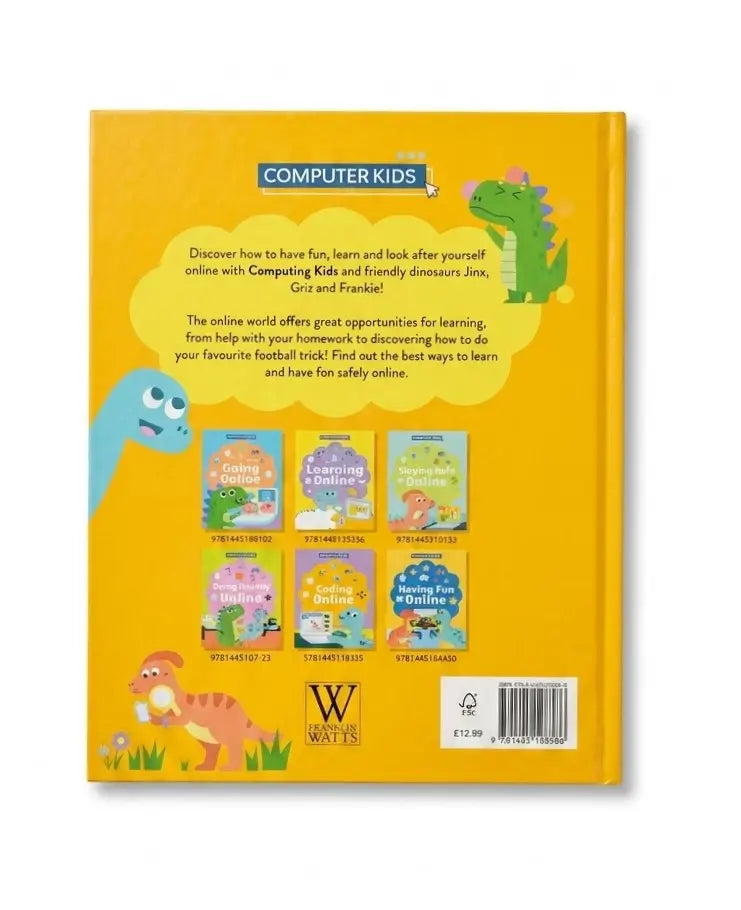 The back cover of a yellow computer learning book by Watts & Wates for Computer Kids, featuring colorful dinosaur illustrations and a grid of companion book covers.