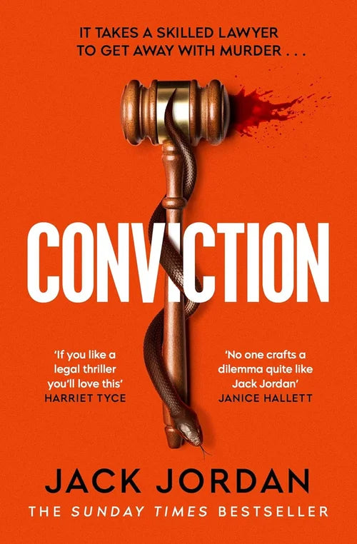 Book cover of 'Conviction' by Jack Jordan with a gavel and red background.