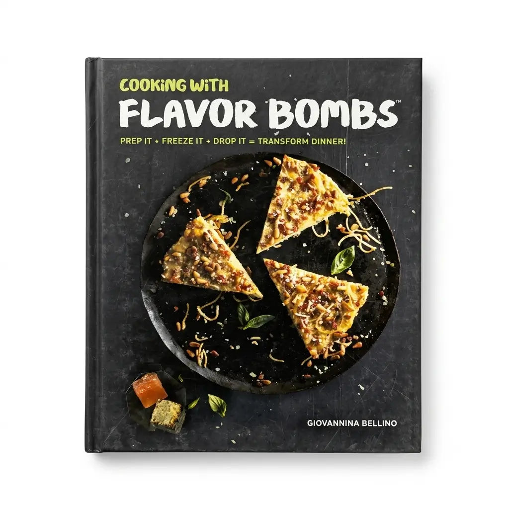 The front cover of the cookbook 'Cooking with Flavor Bombs' by Giovannina Bellino, featuring a dark charcoal background with white and yellow text and a photo of three pizza slices on a black plate.