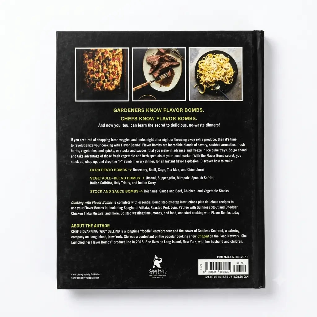 The back cover of a book, photographed flat against a white background. The cover is black with three rectangular food photos at the top, a block of white text in the center, an author bio on the lower left, and a barcode with logo at the bottom right.