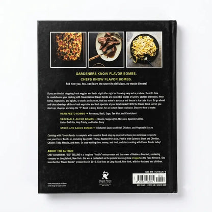The back cover of a book, photographed flat against a white background. The cover is black with three rectangular food photos at the top, a block of white text in the center, an author bio on the lower left, and a barcode with logo at the bottom right.