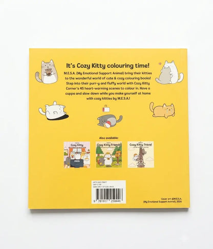 The back cover of a yellow Cozy Kitty coloring book by M.E.