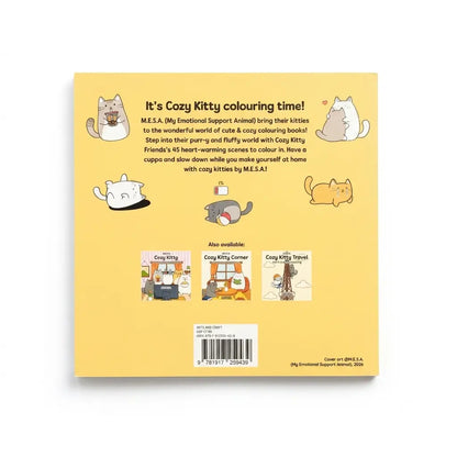 The back cover of a yellow book titled 'It's Cozy Kitty colouring time!' showing product information, illustrations of cats, and small images of included coloring books on a white background.