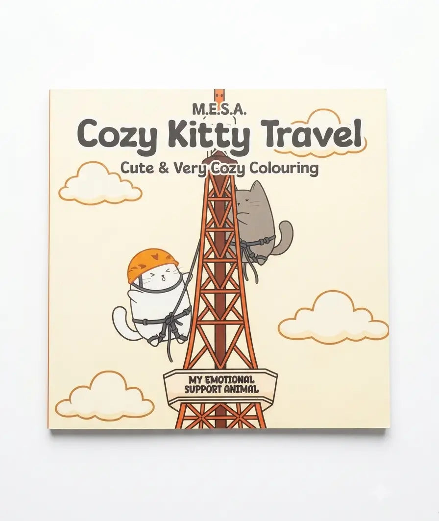 A square children's coloring book titled 'Cozy Kitty Travel' by M.E.