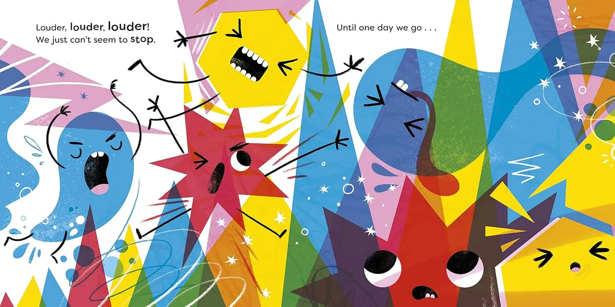 Colorful children's book illustration with abstract cartoon faces and shapes in blue, yellow, red, purple, and green, plus two lines of printed text.