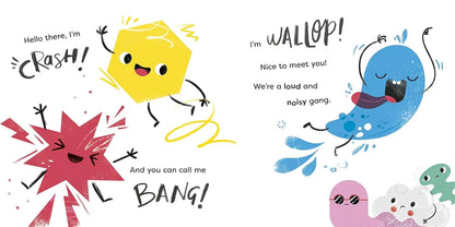 Neil Clark's children's board book 'Crash! Bang! Wall! P!' featuring a colorful, playful cover with cartoon creatures and bold black lettering on a white background.