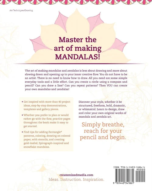 Back cover of a book about mandalas with text and decorative elements.