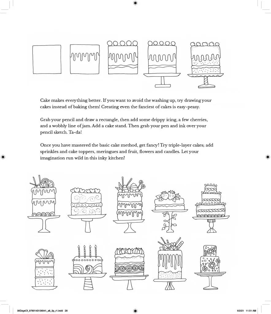 Sheet of paper with black and white illustrations of cakes and text instructions.