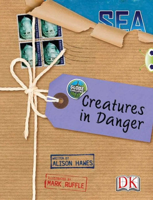 Book cover of 'Creatures in Danger' with a brown paper bag and purple tag design.