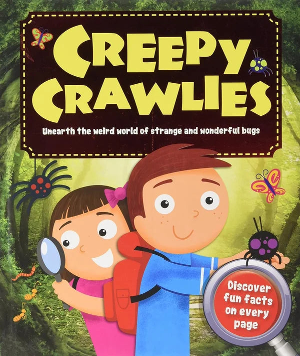 Book cover of 'Creepy Crawlies' with two children and a bug on a green background