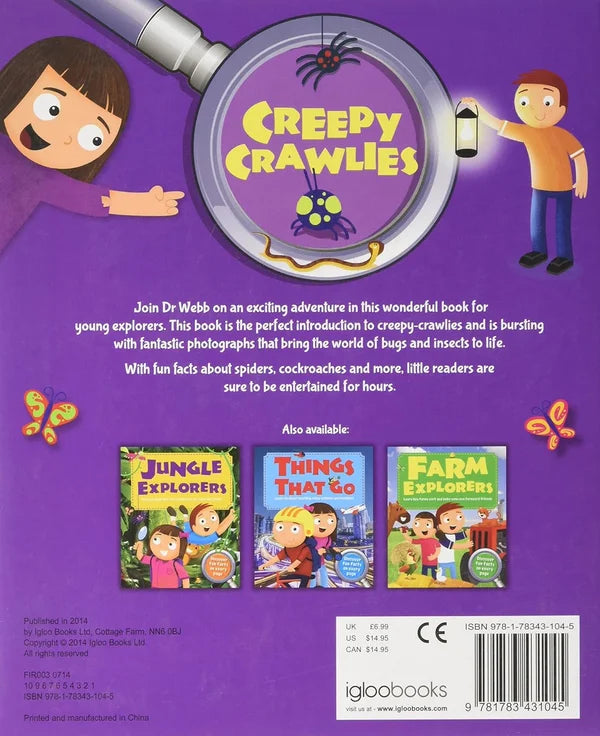 Back cover of a children's book titled 'Creepy Crawlies' with illustrations and text.