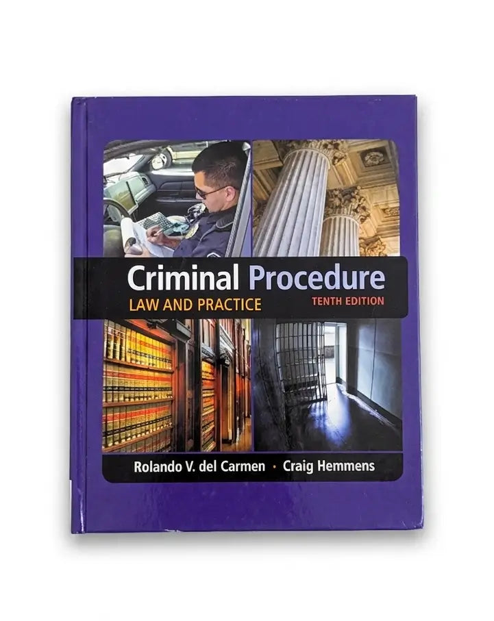 A hardcover textbook titled 'Criminal Procedure: Law and Practice, Tenth Edition' by Rolando V. del Carmen and Craig Hemmens, featuring a purple cover with a black horizontal band and a collage of courtroom and library images.