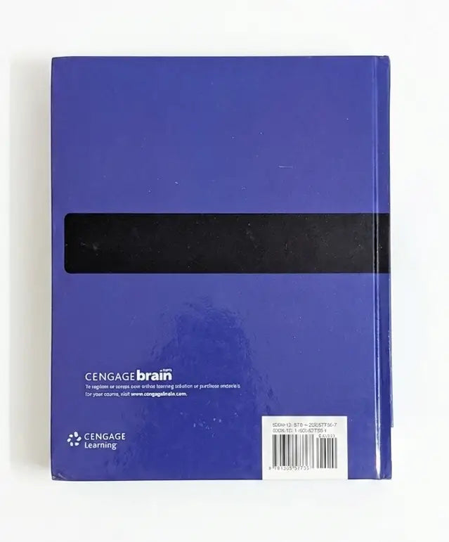The back cover of a blue Cengage Learning textbook, featuring a black horizontal band across the middle, white text, and a barcode on a white background.