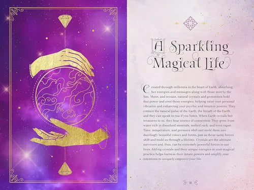 Decorative design with hands holding a crystal ball on a purple background with text.