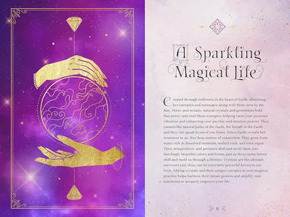 Decorative design with hands holding a crystal ball on a purple background with text.