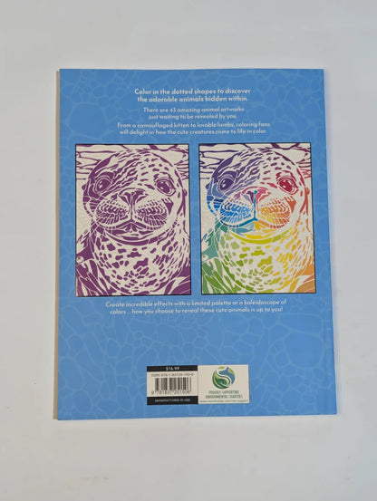 Coloring book back cover with animal designs and text on a gray background