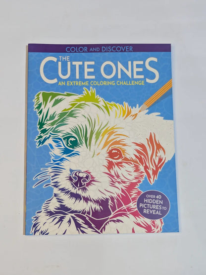 Coloring book titled 'The Cute Ones' with a colorful dog illustration on a blue background.