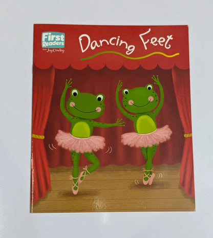 Book cover of 'Dancing Feet' with two green frogs in ballet costumes on a stage.
