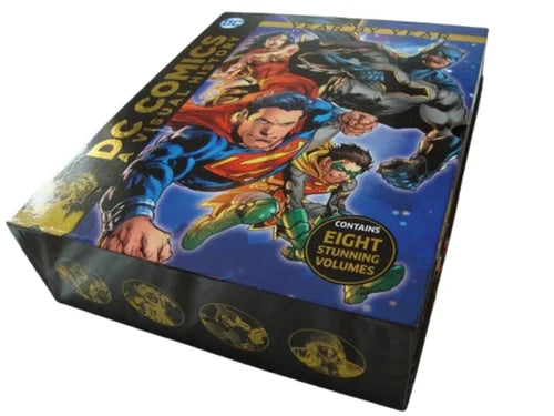 DC Comics book set with superhero illustrations on a white background