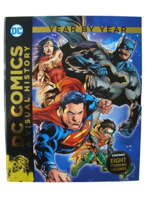 DC Comics book cover featuring superheroes with 'Year by Year' and 'DC Comics Visual History' text.
