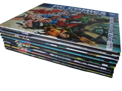 Stack of DC Comics books on a white background