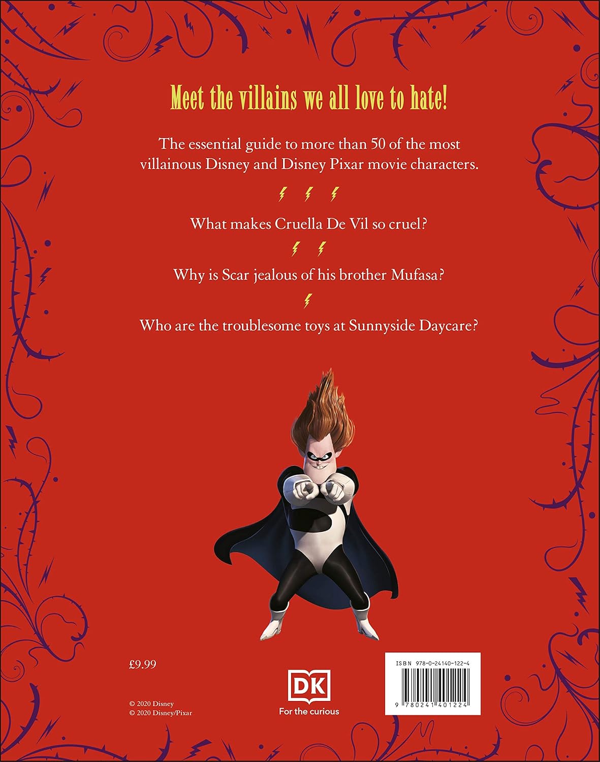 Book cover with cartoon character on a red background, featuring text about Disney villains.