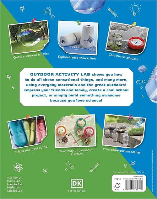 Back cover of a book with outdoor activity ideas and DK branding