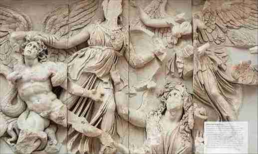 Stylized depiction of classical sculpture with figures and wings on a textured background