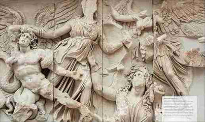 Stylized depiction of classical sculpture with figures and wings on a textured background