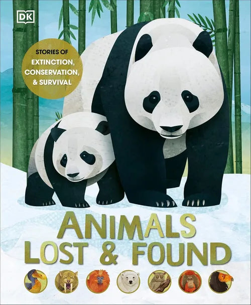 Book cover of 'Animals Lost & Found' with two pandas in a bamboo forest.