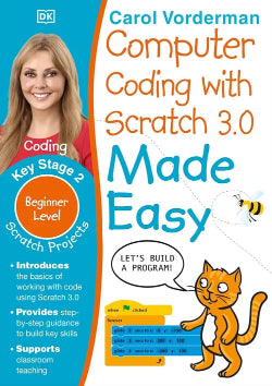 Book cover of 'Computer Coding with Scratch 3.0 Made Easy' by Carol Vorderman, featuring a cat character and colorful design.