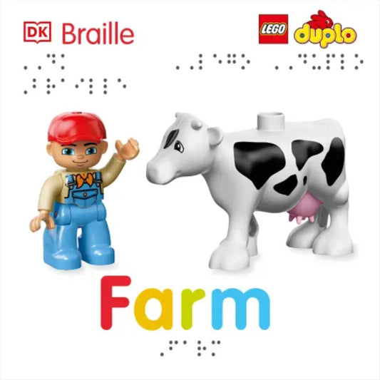 LEGO Duplo farm set with a boy figure and cow on a white background, featuring DK Braille.