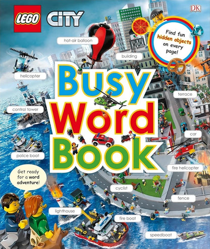 Cover of LEGO City Busy Word Book with colorful illustrations and text.